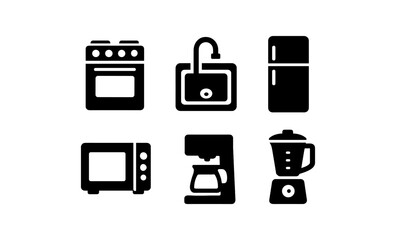 Kitchen appliance icons: stove, refrigerator, blender, more in solid style
