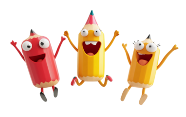 3D pencil characters jumping with excitement creative cartoon design symbolizing education learning back to school celebration and playful academic concept isolated on transparent background PNG