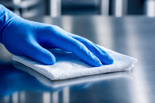 Medical professional cleaning a surface with a cloth and glove