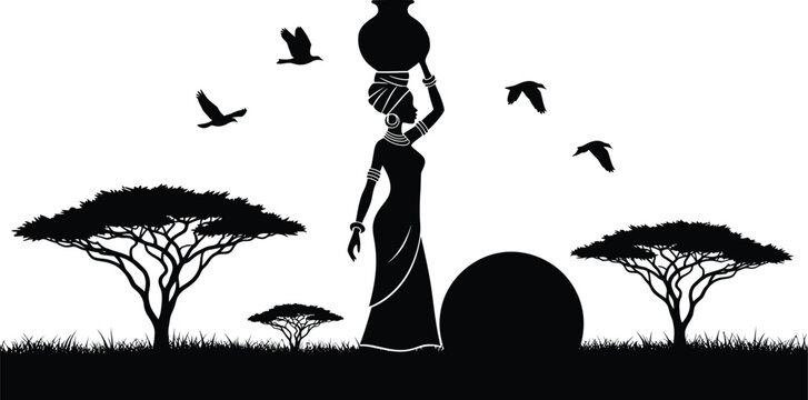 Vector art of african woman carrying water pot on head with trees and birds