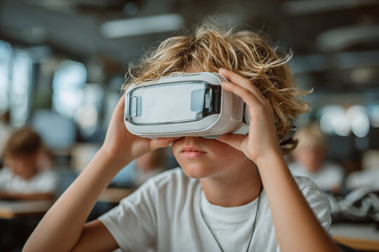 Blonde schoolboy in virtual reality glasses during a class. Concept of high technologies in school education. - Powered by Adobe