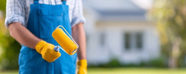 Handyman wearing blue overalls and yellow gloves holding a paint roller outdoors, ready for repair and building work.