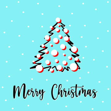 Hand drawn fir tree with snowflakes in doodle style. Cute fir tree decorated with white and red ornaments on blue background. Concept fir tree postcard for Christmas greeting card or holiday wishes.
