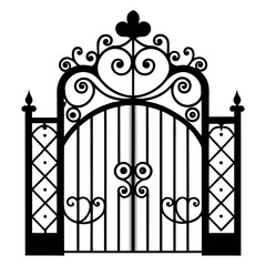 Ornate black wrought iron gate with decorative scrolls and finials vector