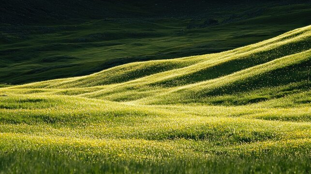 Sunlit rolling hills of vibrant green grass