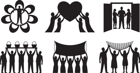 Silhouette Illustrations Depicting Unity, Support, and Community Engagement in Black and White