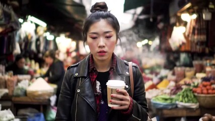 A woman enjoys her coffee while exploring a bustling local market filled with fresh produce and vibrant culture.