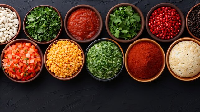 Colorful assortment of dried spices and herbs in bowls
