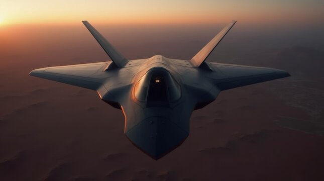 A faceted black stealth aircraft with sharp angles flies at dusk over desert terrain, minimal lights and distinctive V-tail, silent radar-evading presence
