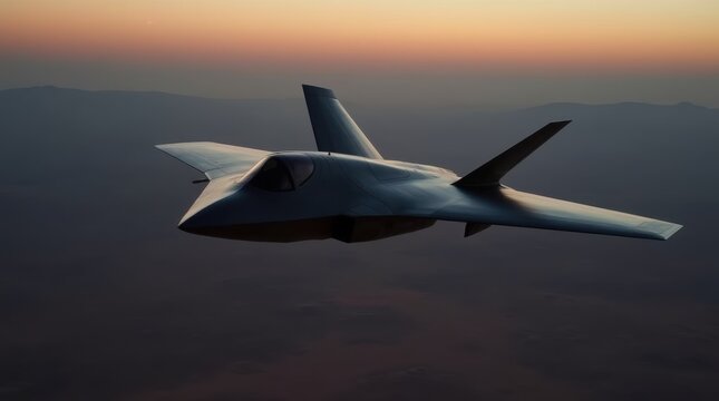 A faceted black stealth aircraft with sharp angles flies at dusk over desert terrain, minimal lights and distinctive V-tail, silent radar-evading presence
- Powered by Adobe