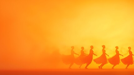 Fototapeta premium Silhouettes of dancers performing against a vibrant orange backdrop