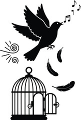 Obraz premium Vector art of black bird escaping from an open cage isolated on white background