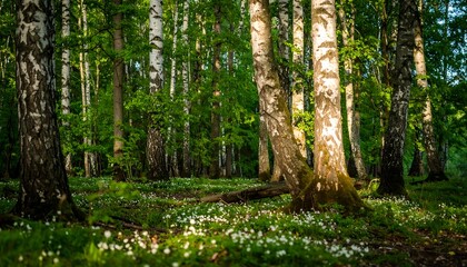 Obraz premium Sunlight filtering through a birch forest