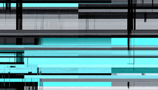 Abstract Glitch Art: Teal, Gray, and Black Horizontal Stripes; Modern, Distorted, Digital Texture Background Image.