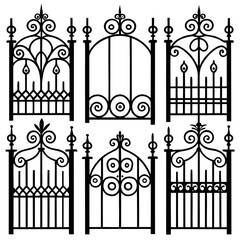 Six Black Ornate Wrought Iron Gate Designs on White Background ornate gate decorative gate