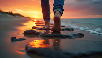 Person walks barefoot on wet stones along ocean shore at sunset. Low angle view shows jeans, bare feet stepping on wet rocks. Calm sea waves lap the beach. Warm orange sky with clouds.