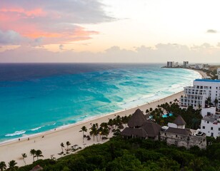 Obraz premium Panoramic sunset over a tropical beach resort