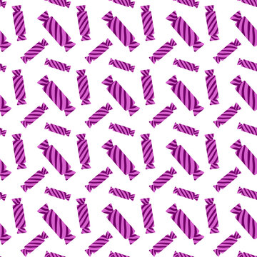 Seamless doodle Candy pattern in violet tones. Striped caramel Candy with purple and chocolate wrap in fun layout. Repeating Candy artwork ideal for wallpaper, packaging and wrapping paper design.
