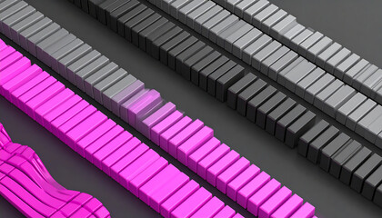 Abstract 3D rendering:  Sleek grayscale blocks contrast vibrant fuchsia rows, showcasing modern design and innovative technology concepts.