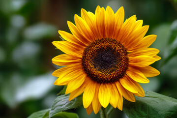 Bright sunflower with vibrant yellow petals and dark center against a lush green background