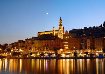 Obraz premium Panoramic night view of colorful Old town and Old Port Of Menton, French Riviera, France