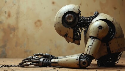 Deactivated robot with worn metal casing lies on ground, chained. Reflects AI ethics, technological advancement, potential exploitation issues in society. Explores themes of artificial intelligence,
