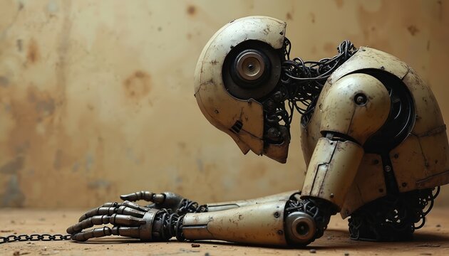 Deactivated robot with worn metal casing lies on ground, chained. Reflects AI ethics, technological advancement, potential exploitation issues in society. Explores themes of artificial intelligence,
