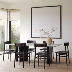 Minimalist Dining Interior: A chic and inviting dining space showcases a sleek modern design featuring a marble dining table, complemented by stylish black chairs.