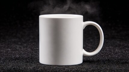 White ceramic mug with steam rising, placed on a textured black surface, showcasing a minimalist design ideal for beverage presentations and branding mockups