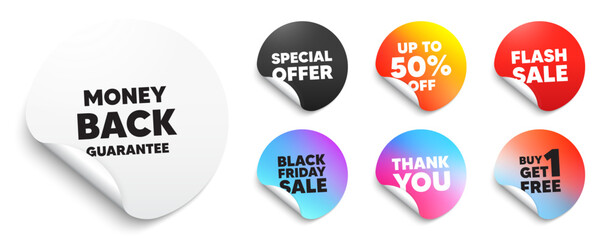 Money back guarantee sticker tag. Special offer paper price tags. Money back guarantee tag. Promo offer sign. Advertising promotion symbol. Discount, black friday sticker. Promo banner. Vector