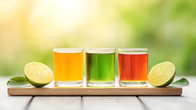 Three colorful fruit shots with lime wedges on a wooden tray outdoors