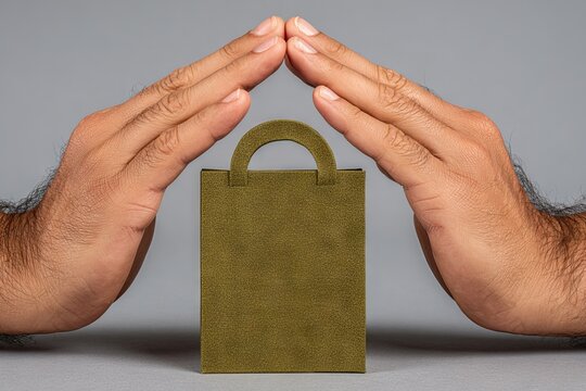 Hands of a man gently protecting a small green shopping bag, symbolizing care and security, with a neutral gray background enhancing the focus on the subject
