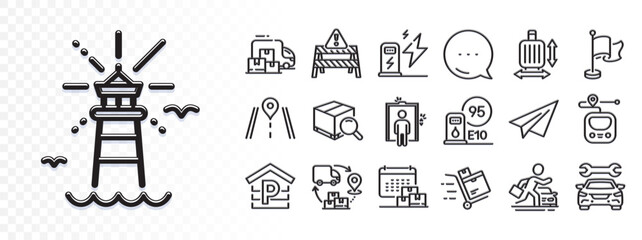 Baggage size, Petrol station and Car rental line icons for web app. Glare of light effect. Message icon. Pack of Elevator, Delivery calendar, Lighthouse pictogram icons. Vector