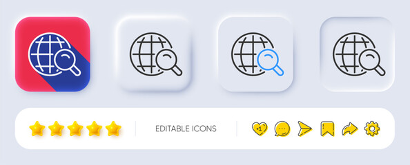 Global Search line icon. Neumorphic, Flat shadow, 3d buttons. World or Globe sign. Website search engine symbol. Line internet Search icon. Social media icons. Vector