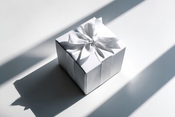 Elegant white gift box with a satin ribbon bow, casting soft shadows on a minimalistic surface, creating a serene and inviting atmosphere for celebrations and special occasions