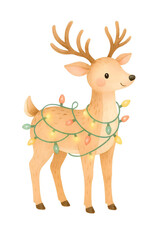 Obraz premium Cute Christmas Reindeer Watercolor Clipart – Holiday Elk with Fairy Lights Illustration, Winter Decor