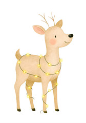 Obraz premium Cute Christmas Reindeer Watercolor Clipart – Holiday Elk with Fairy Lights Illustration, Winter Decor