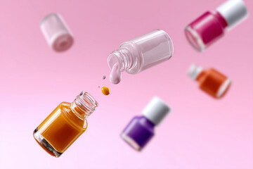 Vibrant Nail Polish Bottles Displayed Against a Pink Background