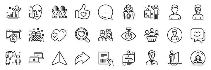 Parcel invoice, Headshot and Smile face line icons pack. Share, Message, Paper plane icons. Work home, Clean hands, Face attention web icon. Strategy, Journey path, Fisherman pictogram. Vector