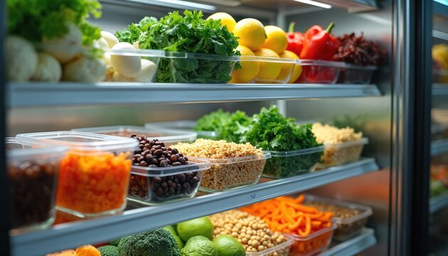 Restaurant kitchen prep area features organized food storage with diverse ingredients. Shelves display fresh produce like lettuce, lemons, peppers, broccoli, limes. Containers hold grains, beans,