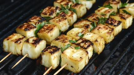 Grilled cheese cubes on skewers over hot grill with flames