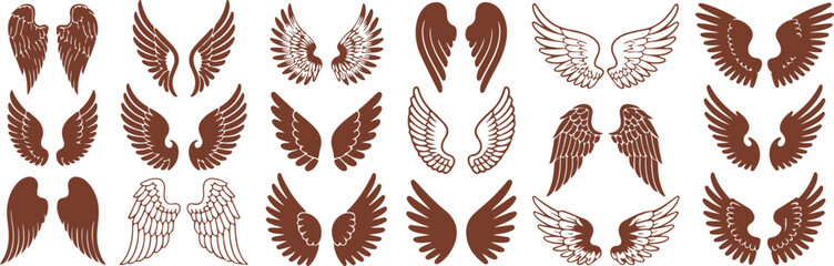 collection of brown and white angel wing icons, assorted feathered wing shapes set, decorative vector design elements