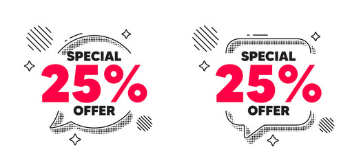 Discount chat speech bubble. Social media concept. 25 percent discount offer tag. Sale price promo sign. Special offer symbol. Line design chat bubble. Vector