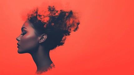 African American woman with thoughtful expression, set against red backdrop and abstract design of her own head. Mixed media art.