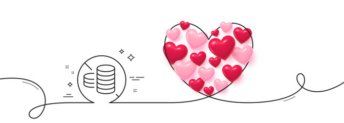 No cash line icon. Continuous line big heart. Tax free sign. Coins money symbol. 3d hearts in heart shaped loop. No cash single line ribbon. Loop curve pattern. Vector