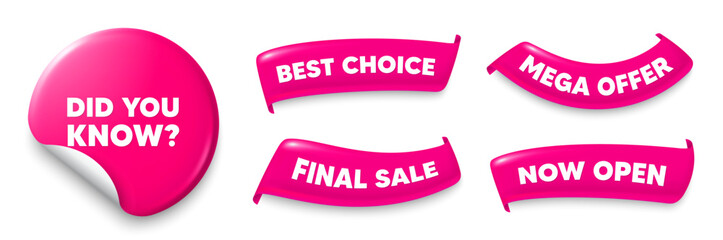 Did you know sticker, Sale offer ribbons. Best choice, Now open. Did you know tag. Special offer question sign. Interesting facts symbol. Pink sticker tag. Flag ribbon banners. Vector