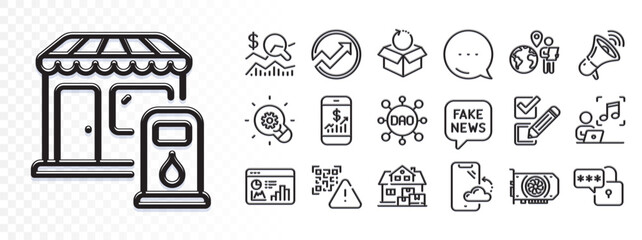 Megaphone, Qr code and Seo statistics line icons for web app. Glare of light effect. Message icon. Pack of Innovation, Home moving, Music pictogram icons. Vector
