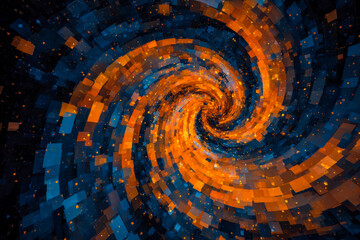 Abstract digital vortex with swirling orange and blue pixel patterns