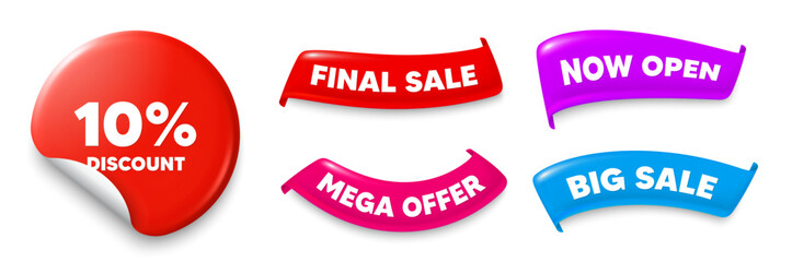 Discount sticker, Sale offer ribbons. Big sale, Now open. 10 percent discount tag. Sale offer price sign. Special offer symbol. Sticker badge. Flag ribbon banners. Discount offer banners. Vector