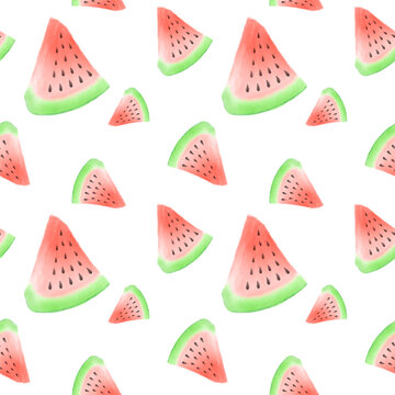 Watercolor watermelon seamless pattern in hand painted style. Juicy watermelon slices with seeds on white background. Concept fresh summer fruit for wrapping paper with tropical watermelon print.